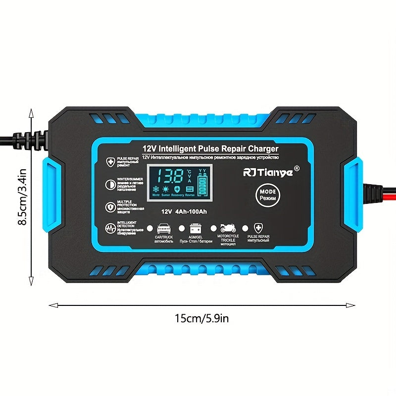 Full Car Motorcycle Battery Charger 12V 6A Auto Pulse Repair LCD Display Smart Fast CharAGM Deep Cycle GEL Lead-Acid Charger