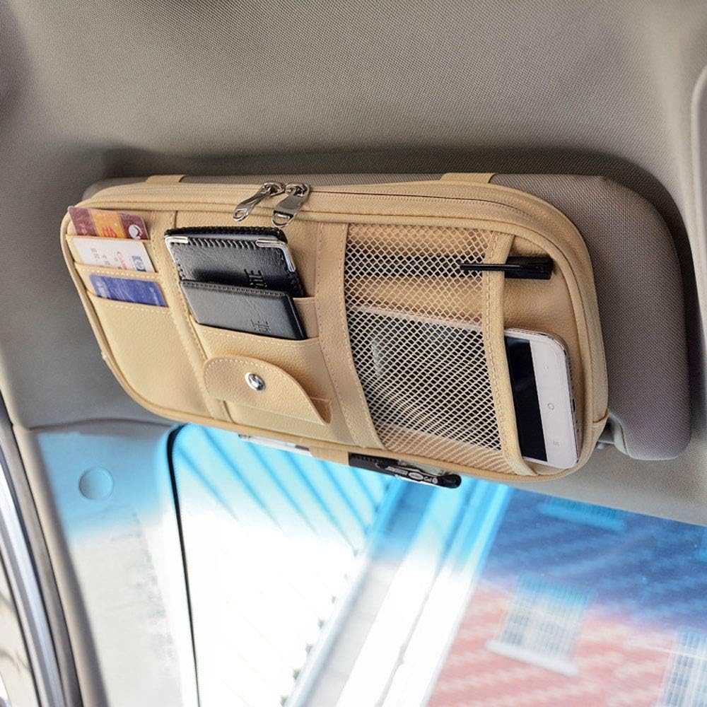 Da by Car Sun Visor Organizer Auto Car Visor Pocket and Interior Accessories Car Truck Visor Storage Pouch Holder with Multi-Pocket Net Zippers (Beige Light Yellow)