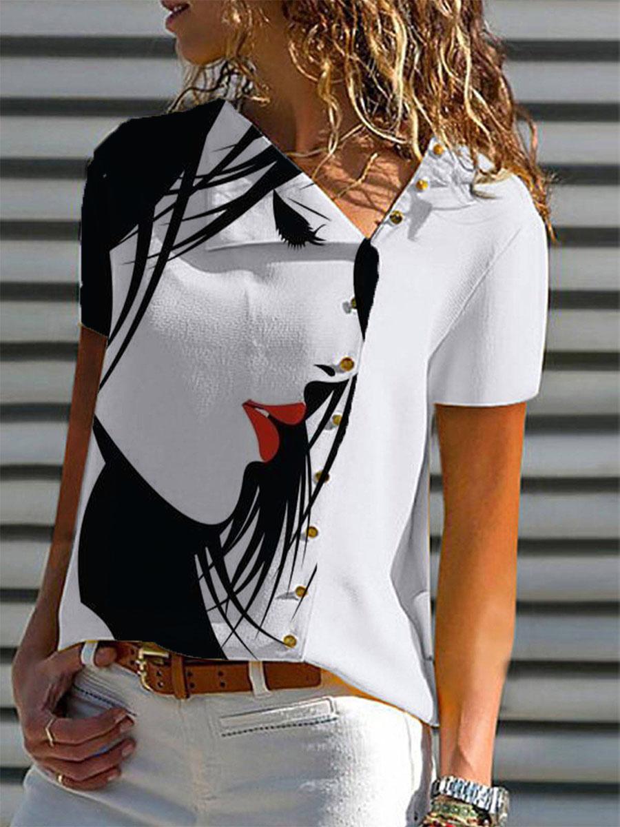 Womens Casual Asymmetrical Collar Fashion Art Print Shirt