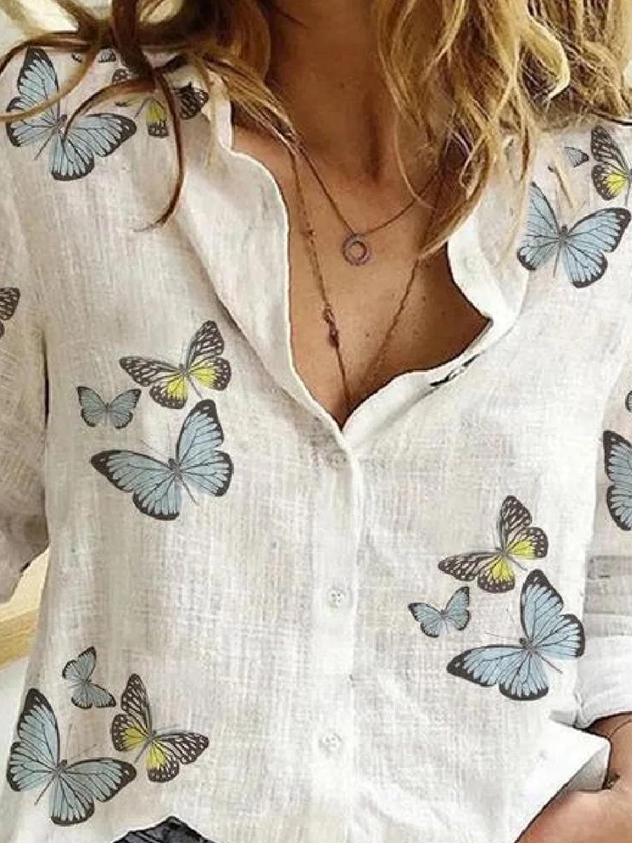 Ladies Butterfly Print Cotton Long Sleeve Blouse