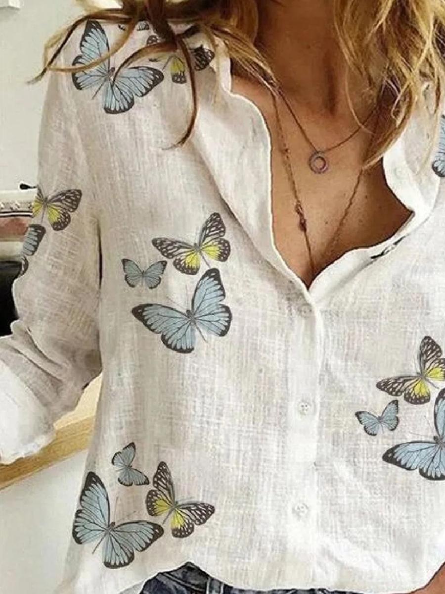 Ladies Butterfly Print Cotton Long Sleeve Blouse