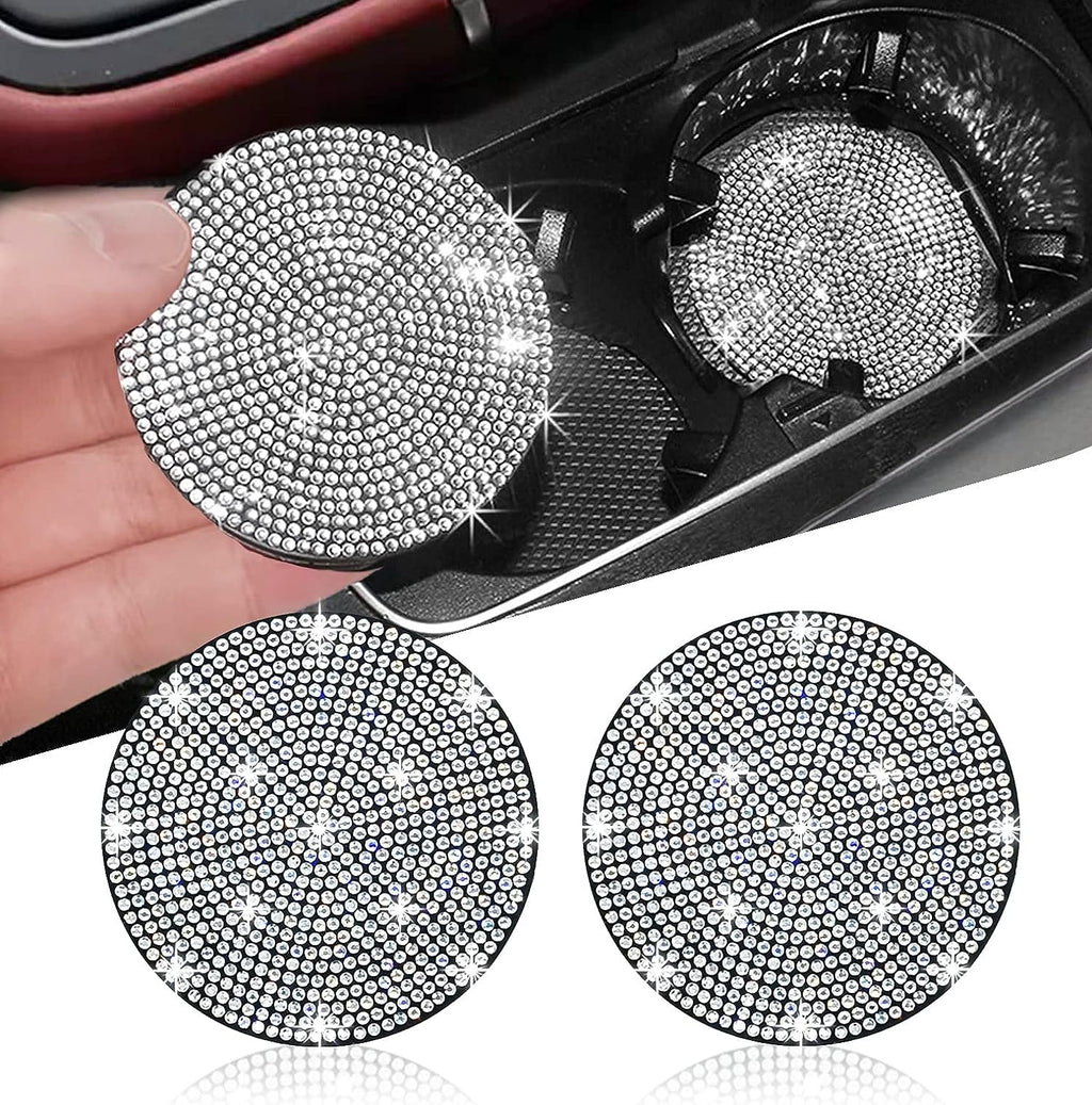 NBTEPEM 2pcs Bling Car Cup Holder Coaster, 2.75 inch Anti-Slip Shockproof Universal Fashion Car Coasters Insert Bling Crystal Rhinestone Automotive Interior Accessories for Women (2 pcs, White)