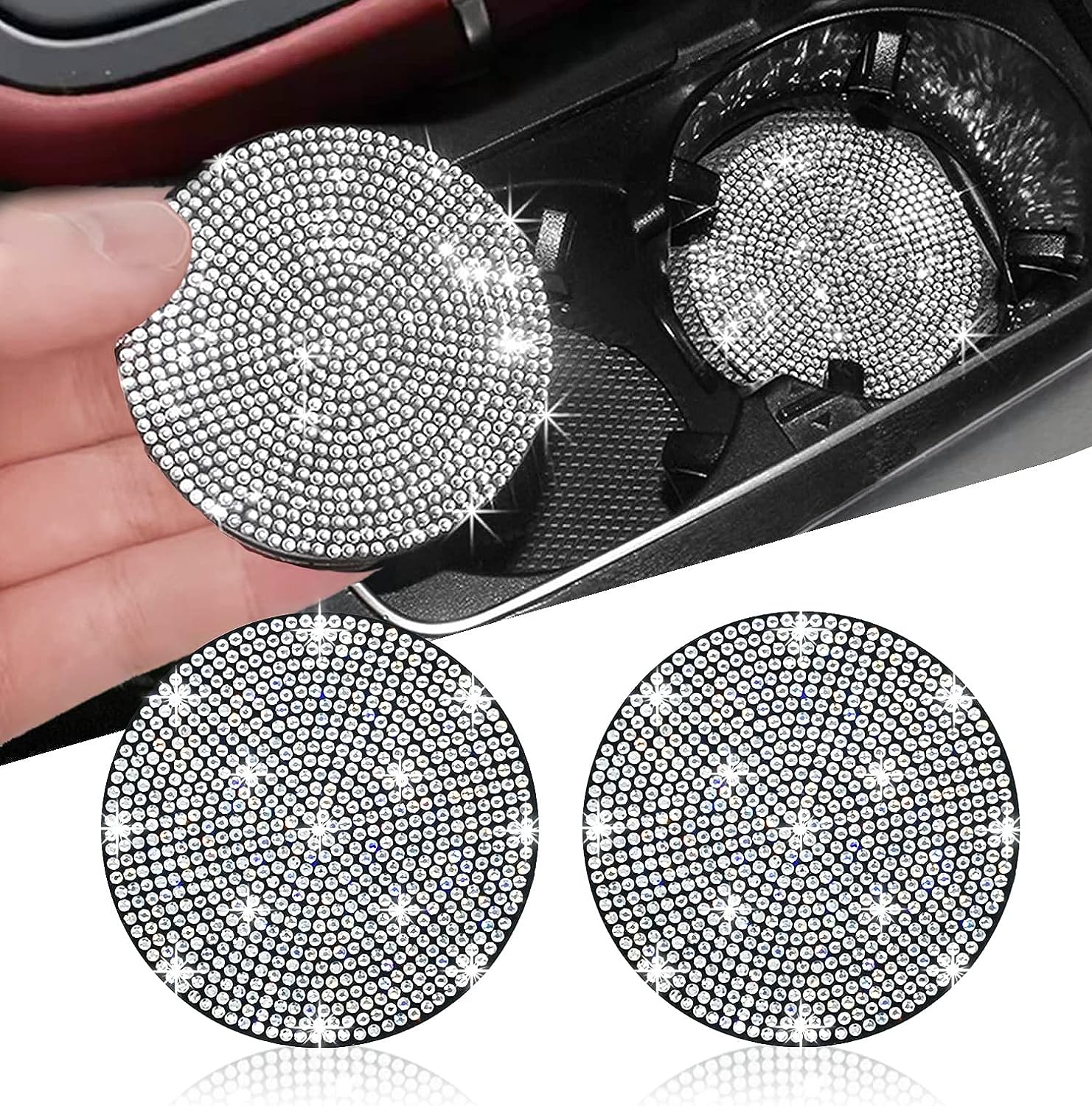 NBTEPEM 2pcs Bling Car Cup Holder Coaster, 2.75 inch Anti-Slip Shockproof Universal Fashion Car Coasters Insert Bling Crystal Rhinestone Automotive Interior Accessories for Women (2 pcs, White)