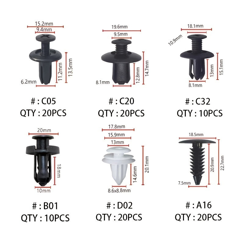 100pcs 6 Sizes Auto Parts Set, Auto Fastener Clip Mixed Car Body Push Retainer Pin Rivet ,Bumper Door Trim Panel Retainer Fastener Kit