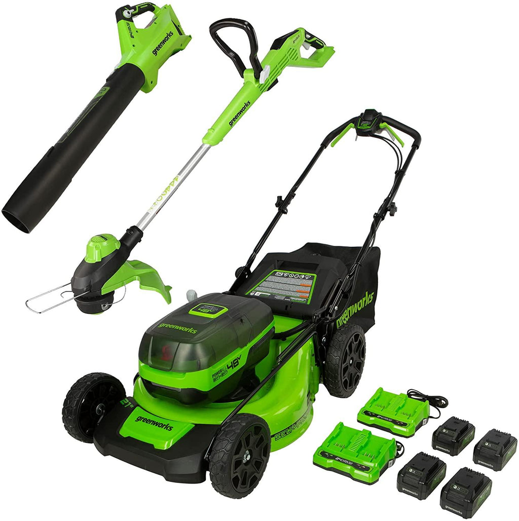 Greenworks 48V 21" Brushless Cordless Self-Propelled Electric Lawn Mower, Leaf Blower, String Trimmer, (4) 4.0Ah Batteries and (2) Rapid Chargers