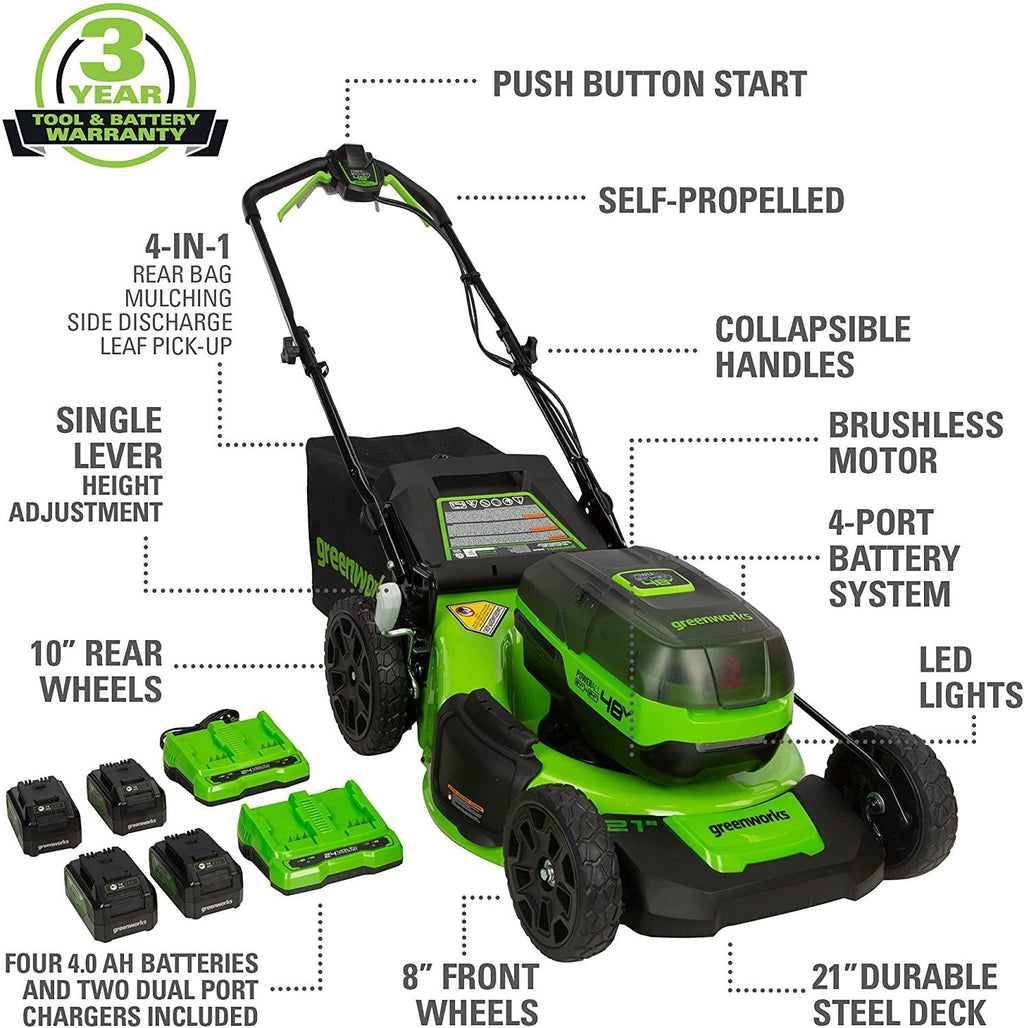Greenworks 48V 21" Brushless Cordless Self-Propelled Electric Lawn Mower, Leaf Blower, String Trimmer, (4) 4.0Ah Batteries and (2) Rapid Chargers
