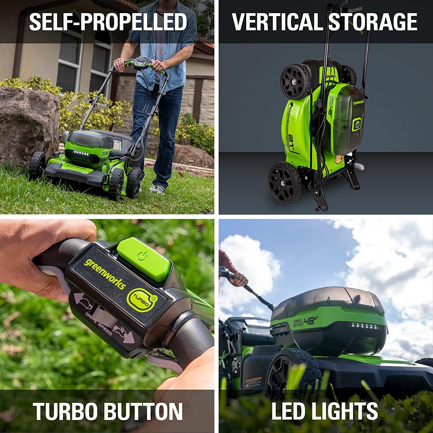 Greenworks 48V 21" Brushless Cordless Self-Propelled Electric Lawn Mower, Leaf Blower, String Trimmer, (4) 4.0Ah Batteries and (2) Rapid Chargers