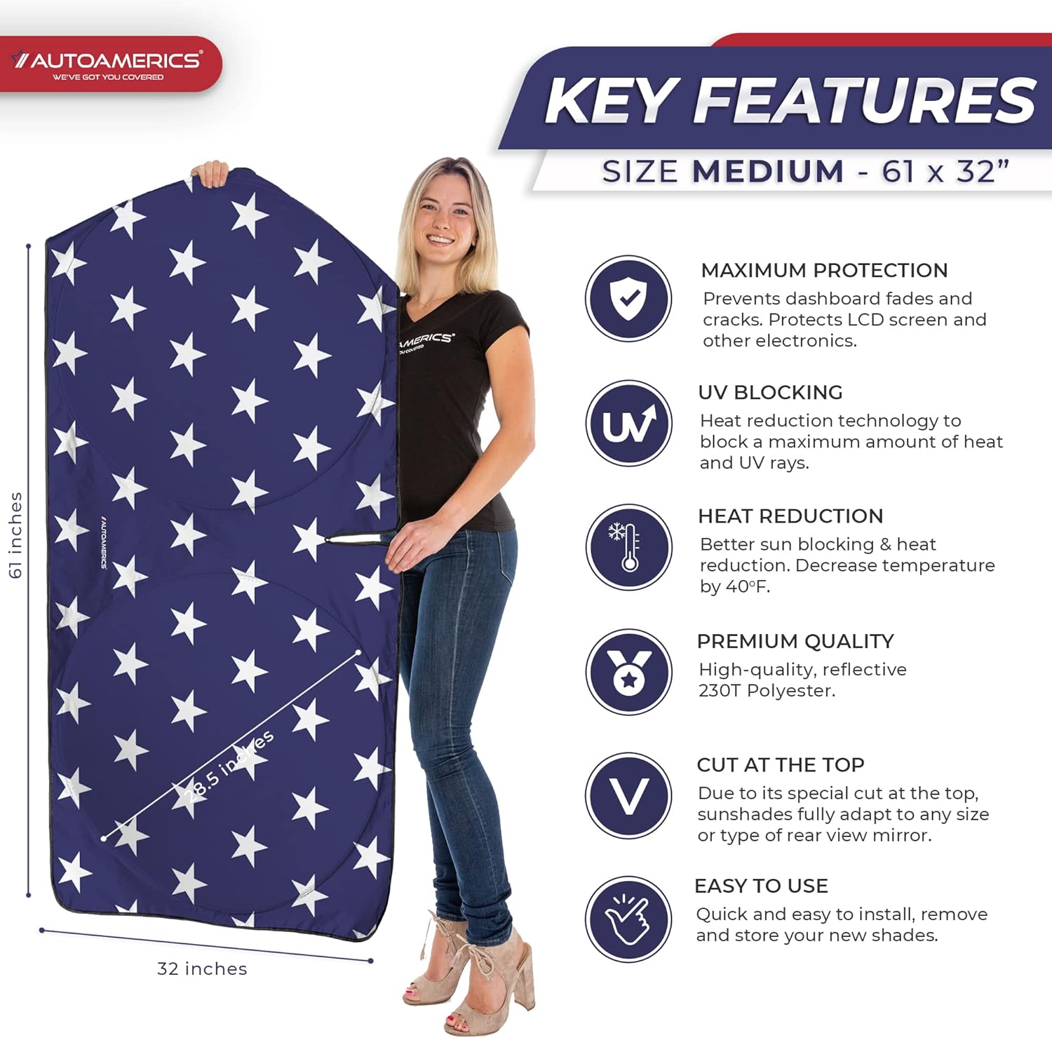 Autoamerics 1-Piece Windshield Sun Shade American Stars Flag USA Patriotic  - Foldable Car Front Window Sunshade for Sedans SUV Truck - Blocks Max UV Rays and Keeps Your Vehicle Cool - Medium