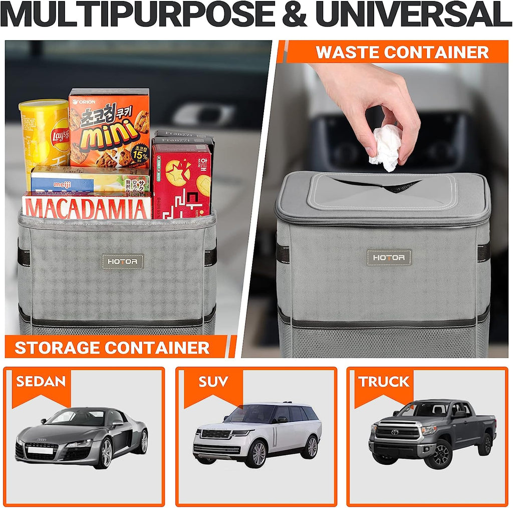 HOTOR Car Trash Can, 3-Gallon Ultra-Large Car Garbage Can, 100% Leakproof &amp; Waterproof Trash Can for Car, Multipurpose Car Trash Bin with Adjustable Straps, Magnetic Buckles, Mesh Pockets (Gray)