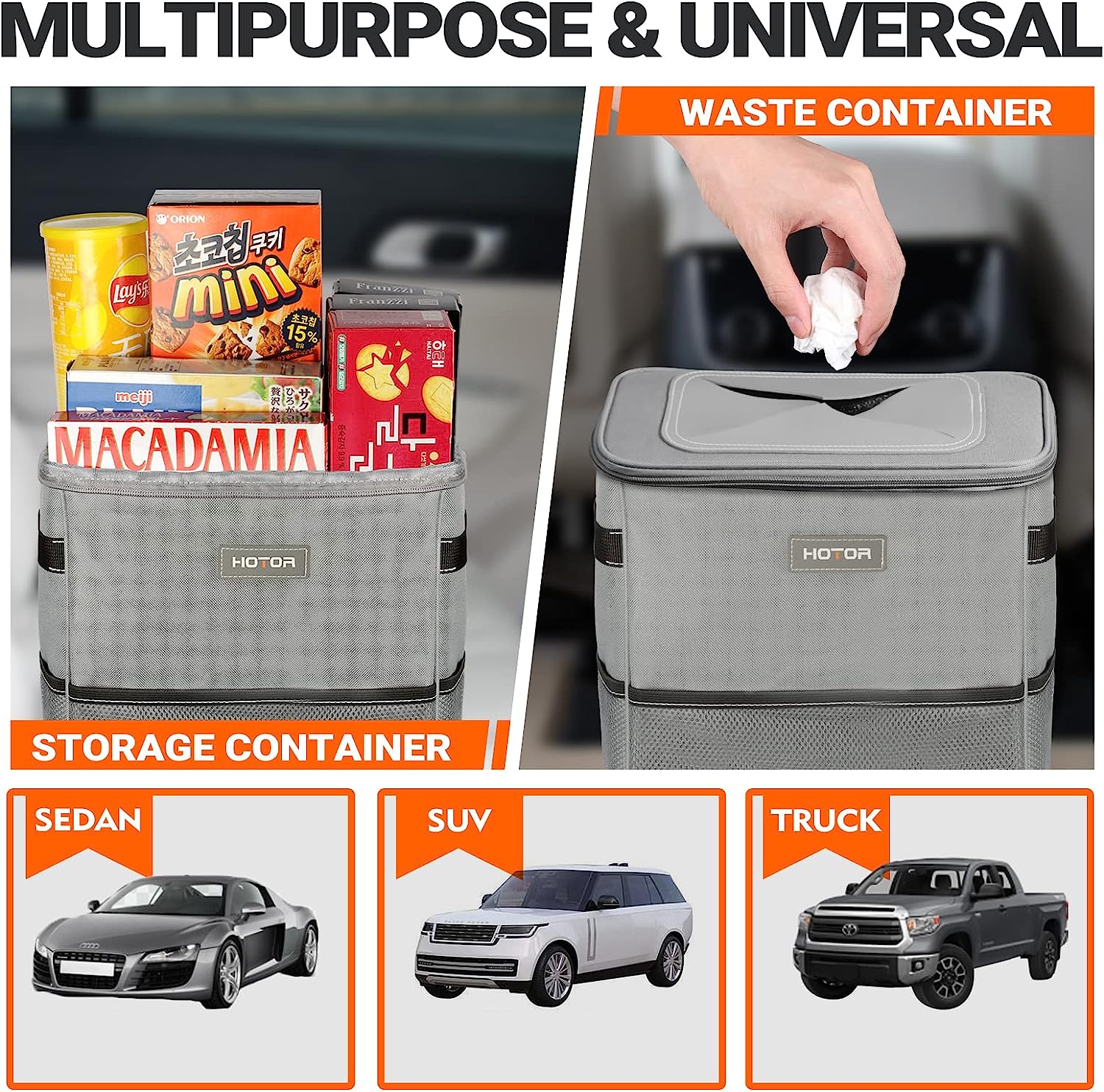 HOTOR Car Trash Can, 3-Gallon Ultra-Large Car Garbage Can, 100% Leakproof &amp; Waterproof Trash Can for Car, Multipurpose Car Trash Bin with Adjustable Straps, Magnetic Buckles, Mesh Pockets (Gray)