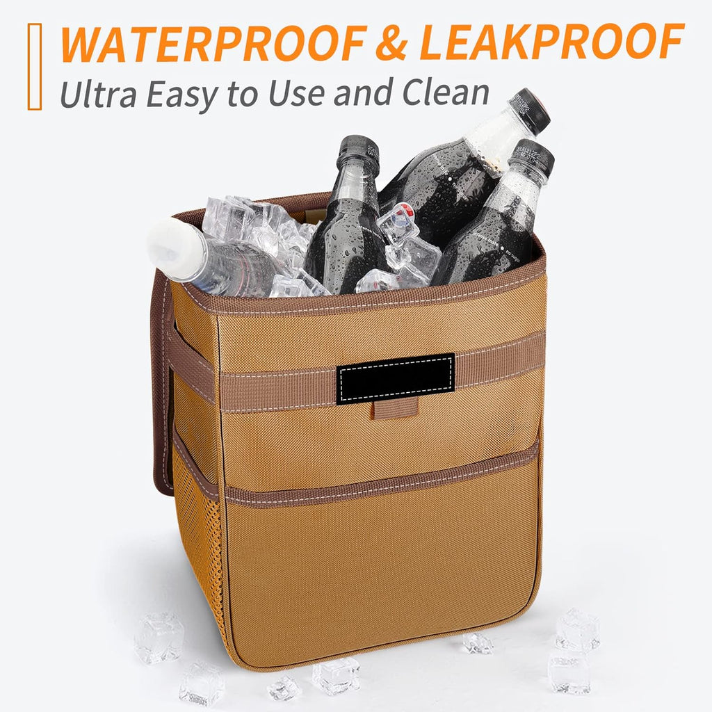 HOTOR Car Trash Can with Lid, Brown Car Trash Bag Hanging with Storage Pockets, Leak-Proof Car Garbage Can with Adjustable Straps, Magnetic Snaps, Waterproof Car Garbage Bin for Interior Car
