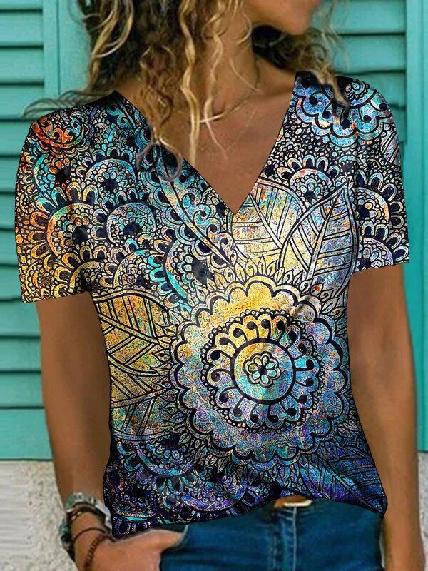 Women  Print Turtleneck V-neck T-shit