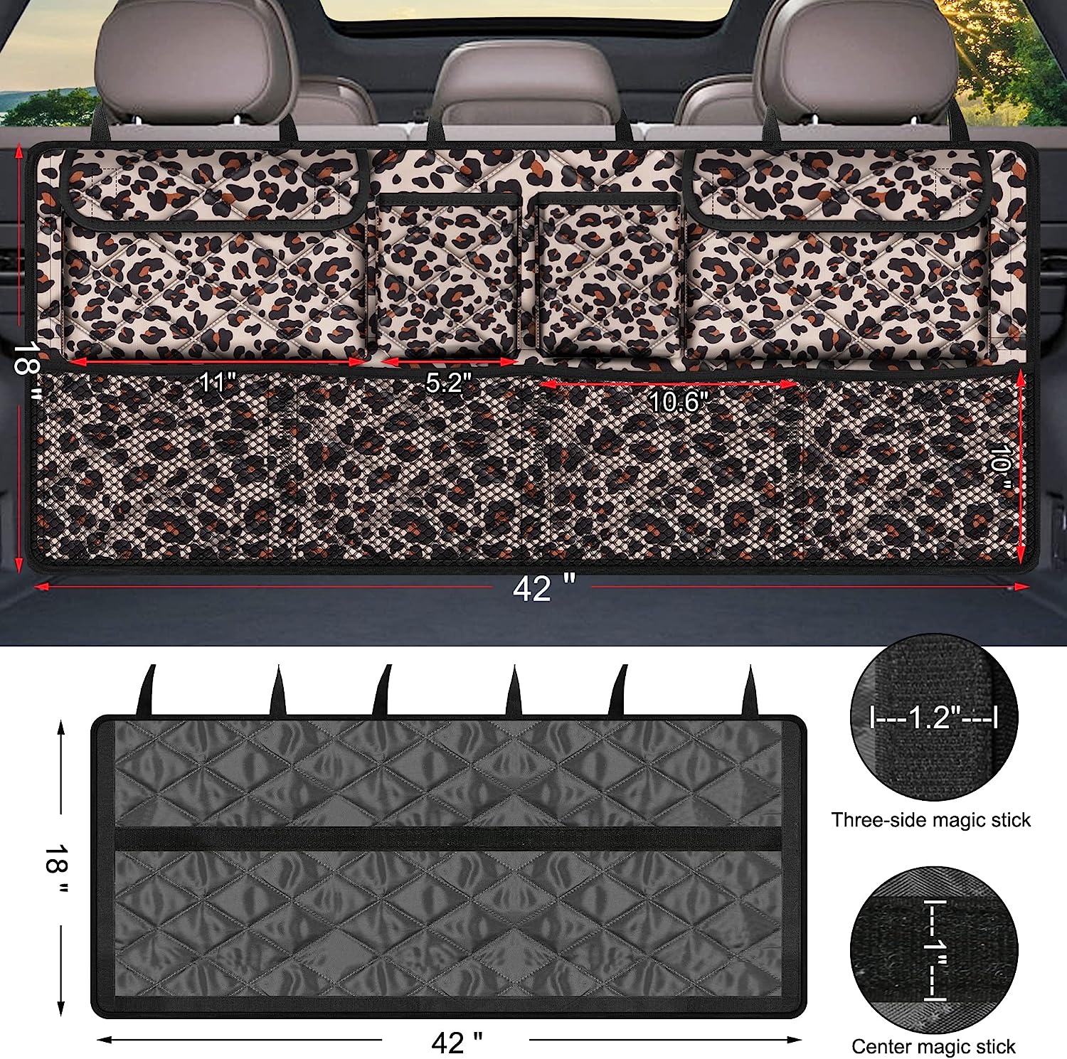 Car Trunk Organizer,Large Capacity Backseat Trunk Organizer(42"*18"),Collapsible Car Storage Bag with 8 Pocekt,Car Organizer for SUV/MPV/Truck - Leopard print