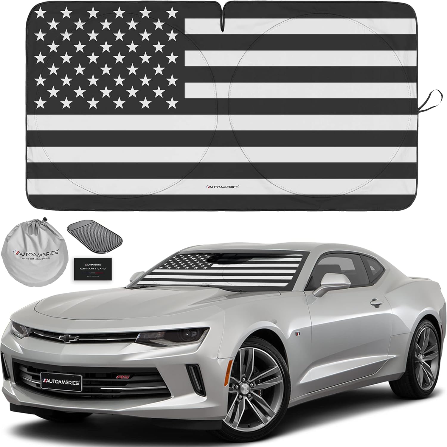 Autoamerics 1-Piece Windshield Sun Shade B&amp;W American Flag USA Patriotic  - Foldable Car Front Window Sunshade for Most Sedans SUV Truck - Blocks Max UV Rays and Keeps Your Vehicle Cool - Small