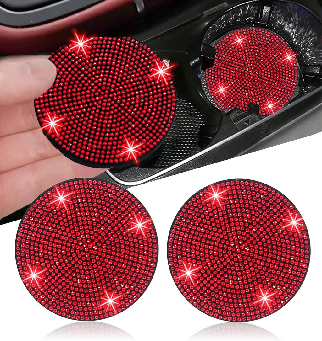 2pcs Bling Car Cup Holder Coaster, 2.75 inch Anti-Slip Shockproof Universal Fashion Vehicle Car Coasters Insert Bling Crystal Rhinestone Auto Automotive Interior Accessories for Women (2 pcs, Red)