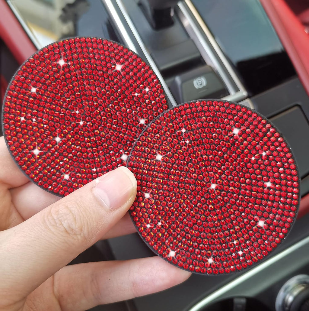 2pcs Bling Car Cup Holder Coaster, 2.75 inch Anti-Slip Shockproof Universal Fashion Vehicle Car Coasters Insert Bling Crystal Rhinestone Auto Automotive Interior Accessories for Women (2 pcs, Red)