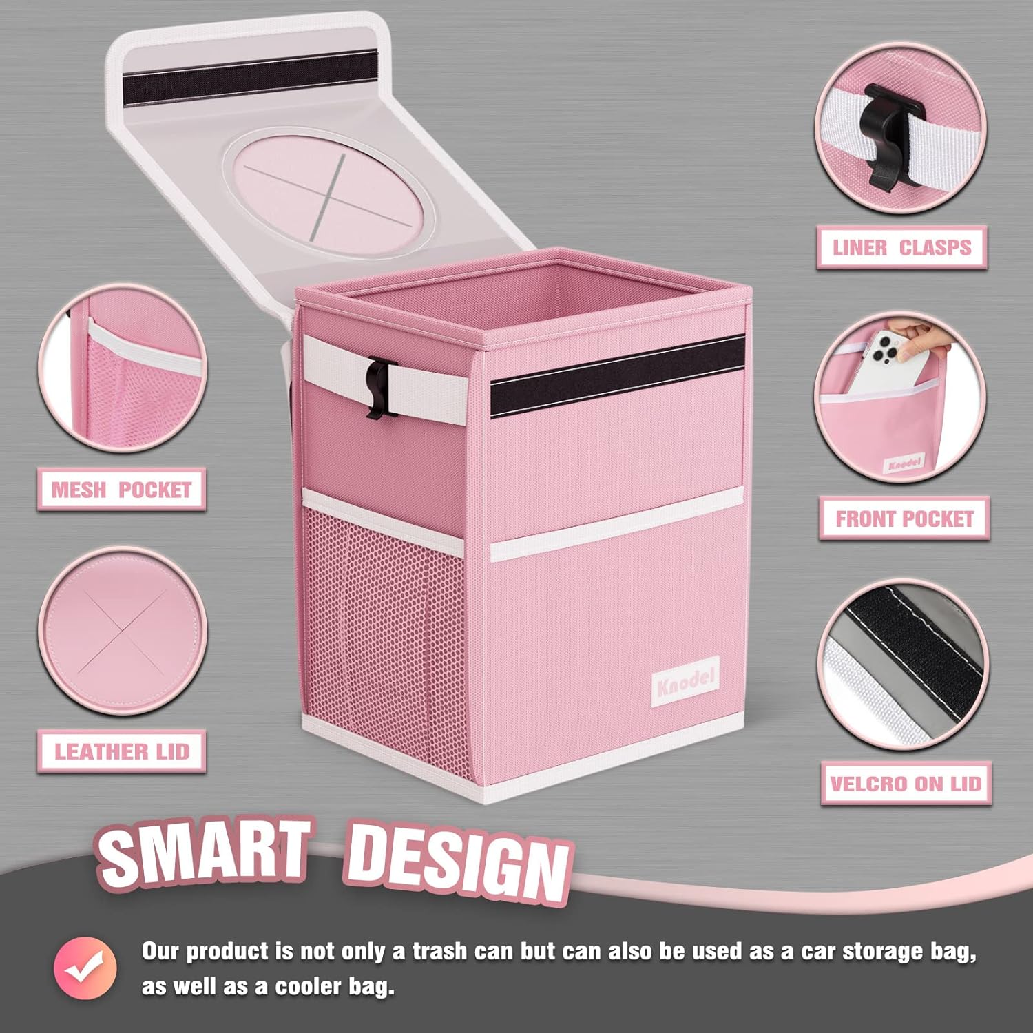 K KNODEL Car Trash Can, Waterproof Garbage Bag with Lid, Leak-Proof Car Trash Bin, Car Trash Hanging (Pink, Medium)