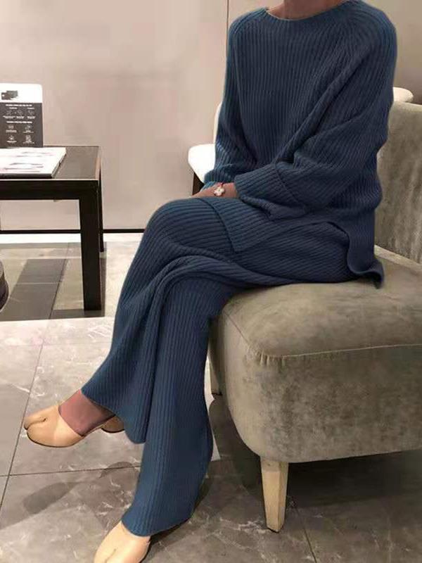 Ladies' Striped Wool Knit Suit With Slit Hem