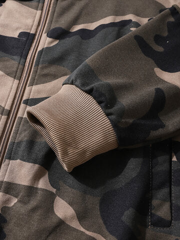 mens camo print patchwork zipper design drawstring hooded two pieces outfits
