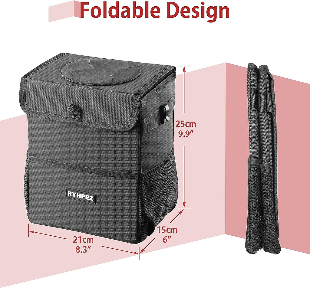 Ryhpez Car Trash Can with Lid - Car Trash Bag Hanging with Storage Pockets, Leakproof Collapsible Garbage Can with Solid Structure Support (Upgraded Version)