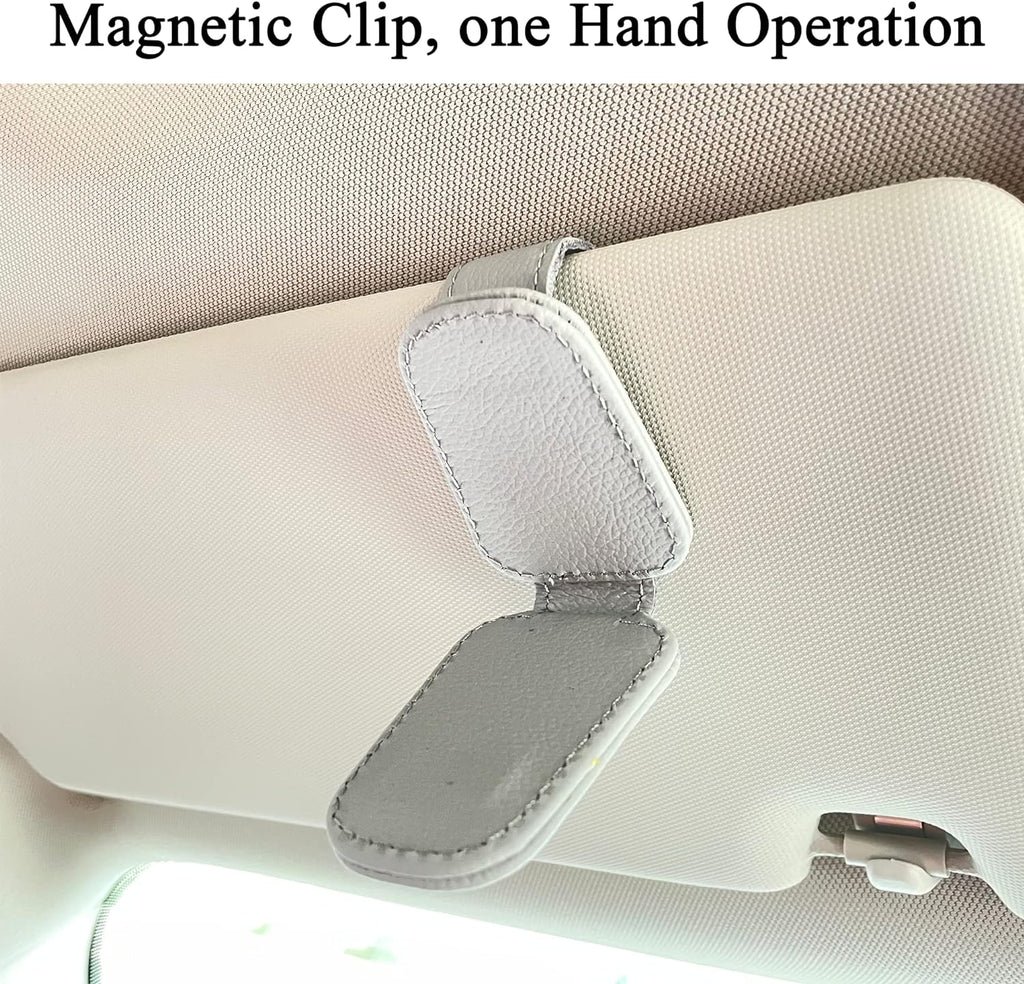KIWEN Sunglasses Holders for Car Sun Visor, Magnetic Leather Glasses Eyeglass Hanger Clip for Car, Ticket Business Card Clip Eyeglasses Mount Car Visor Accessories (Grey)