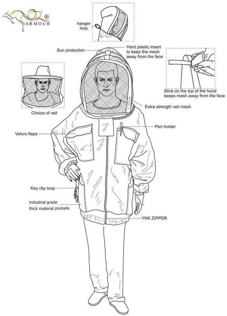 OZ ARMOUR Beekeeping Ventilated Jacket Ultra Cool 3 Layers Mesh with 2 Hoods Fencing and Round Brim Hat (XXXX-Large)