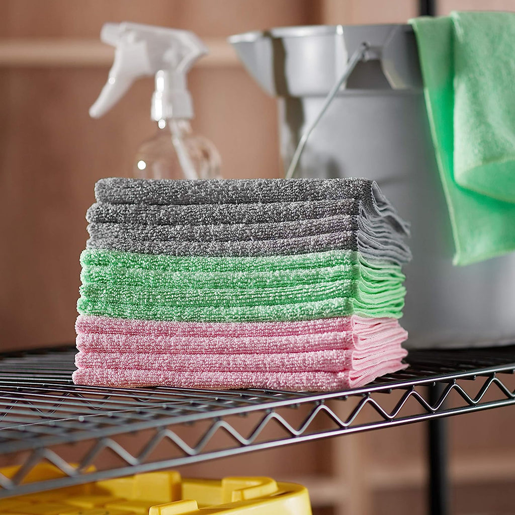 Amazon Basics Microfiber Cleaning Cloth, Non-Abrasive, Reusable and Washable, Pack of 24, Green/Gray/Pink, 16" x 12"