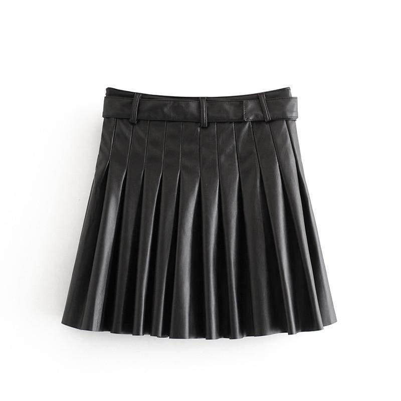 pleated leather mini skirt with belt