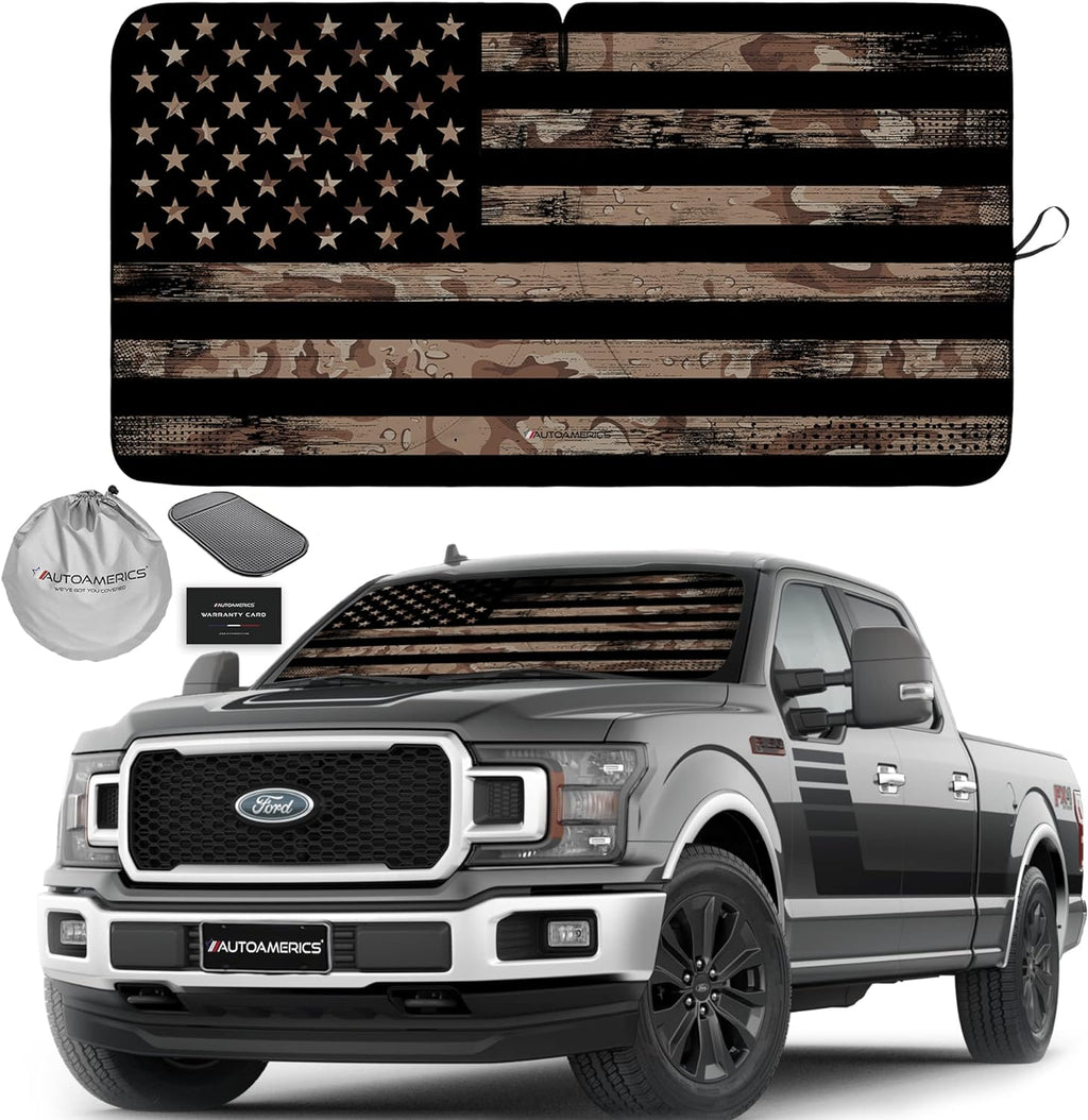Autoamerics 1-Piece Windshield Sun Shade Brown Camo American Flag USA  - Foldable Car Front Window Sunshade for Most Sedans SUV Truck - Blocks Max UV Rays and Keeps Your Vehicle Cool - X-Large