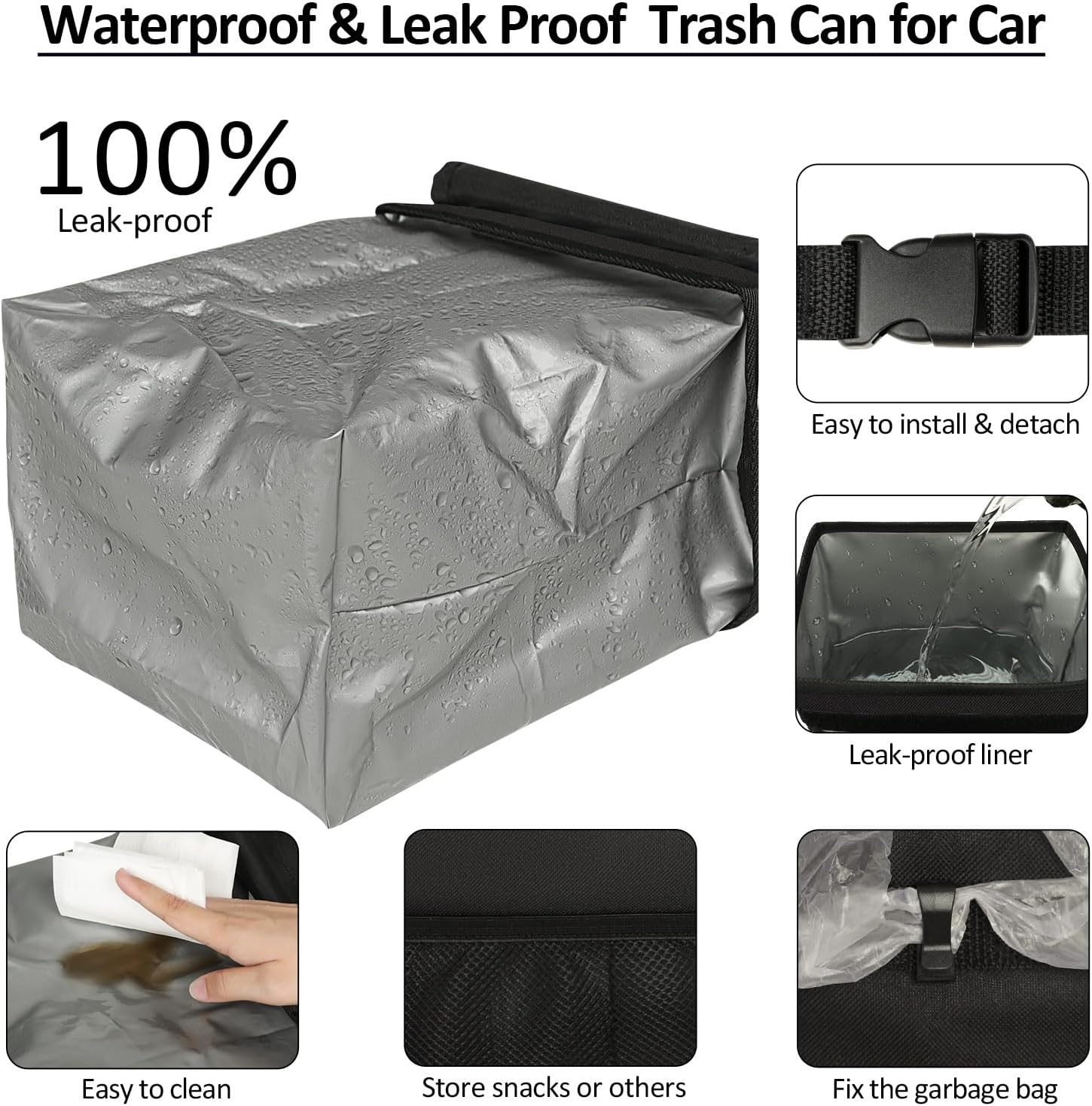ELONGRIVER Car Trash Can Bin for Car Back Seat Leak Proof, Cute Car Trash Bag Hanging, Vehicle Trash Can for SUV Truck Van, Automotive Car Garbage Cans Front Seat Black