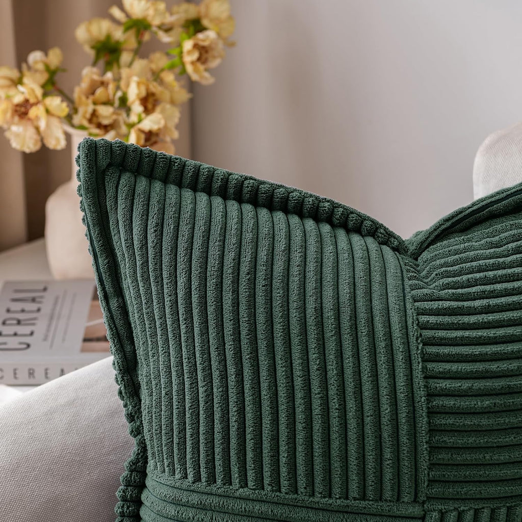 MIULEE Dark Green Corduroy Pillow Covers with Splicing Set of 2 Super Soft Boho Striped Pillow Covers Broadside Decorative Textured Throw Pillows for Christmas Couch Cushion Livingroom 18x18 inch