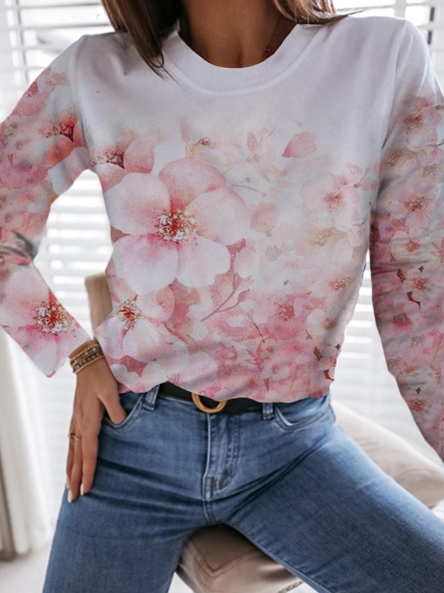 Casual Round Neck Long Sleeve Flower Printed Top