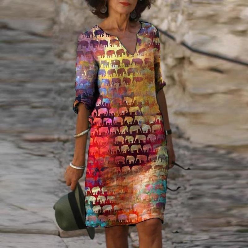 Ladies Fashion Casual V-Neck Printed Dress