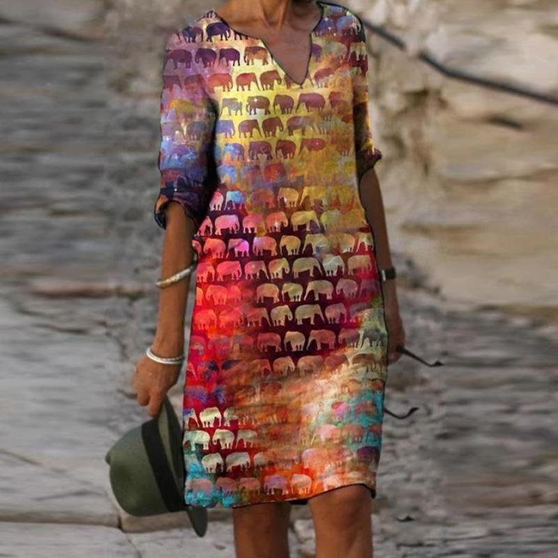 Ladies Fashion Casual V-Neck Printed Dress