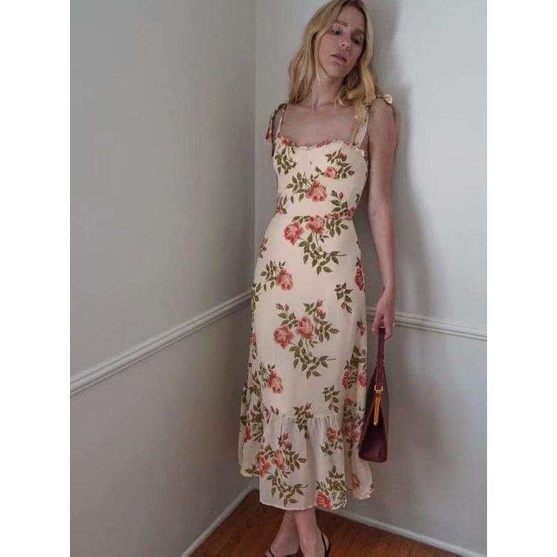 elastic floral print midi dress