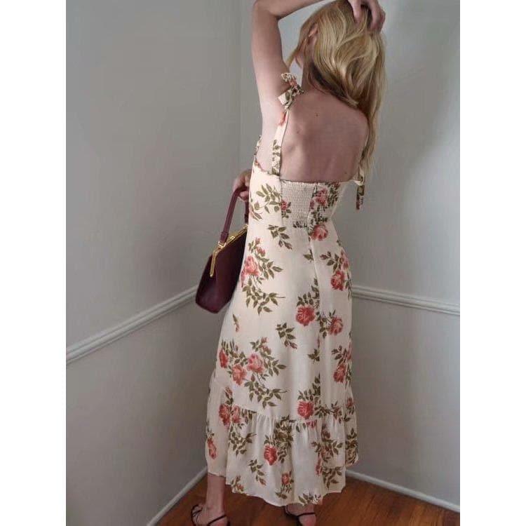 elastic floral print midi dress