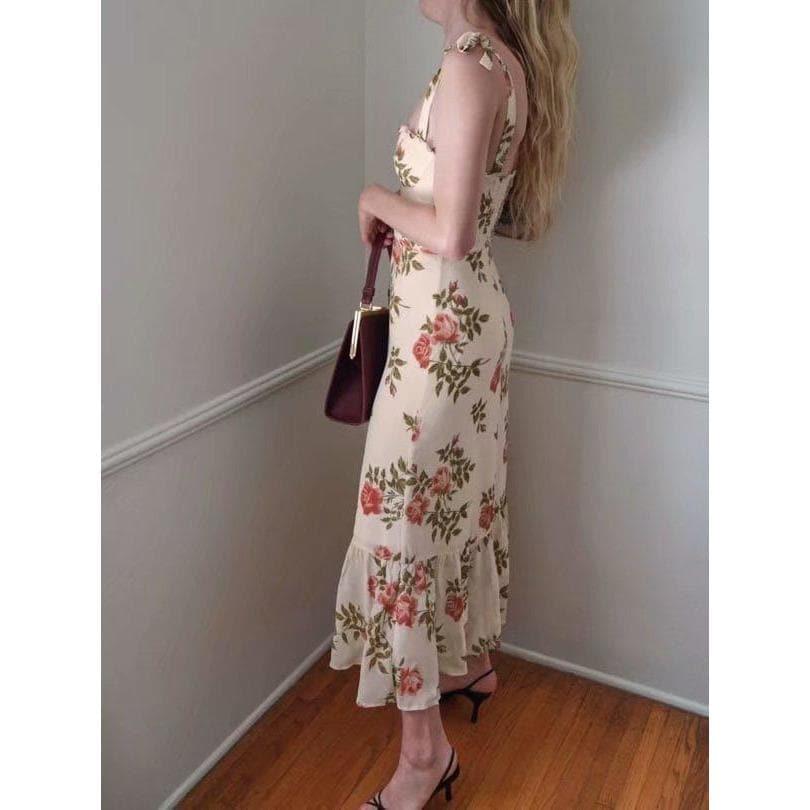 elastic floral print midi dress