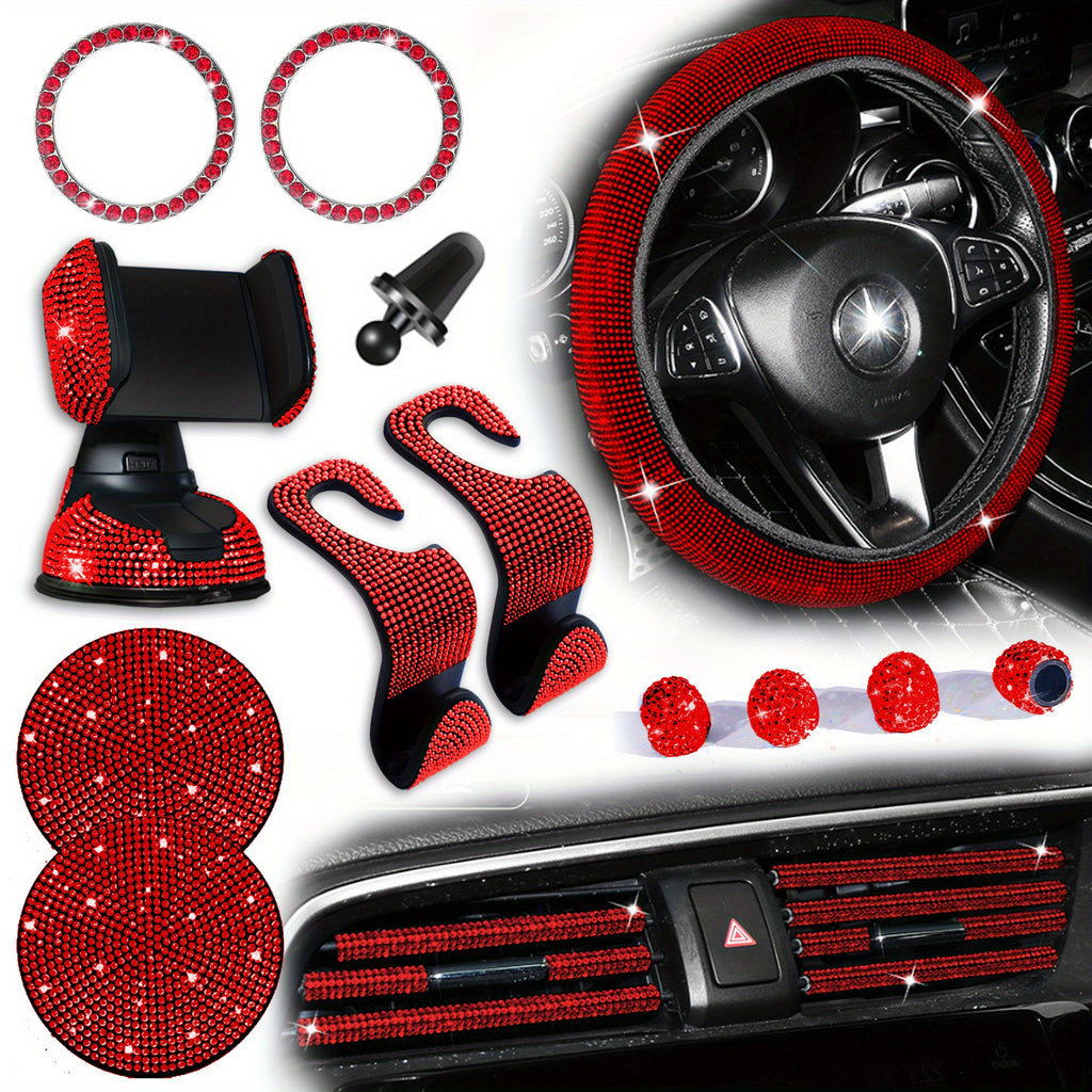 18pcs/set Light Luxury Hot Artificial Diamond Car Interior Set Crystal Steering Wheel Cover Mobile Phone Holder Women Car Interior Accessories