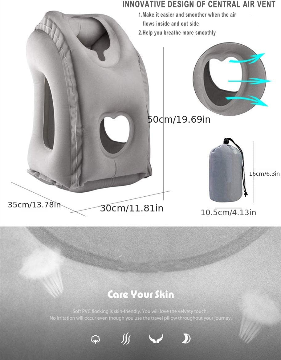 Comfy Inflatable Travel Pillow: Neck &amp; Lumbar Support For Airplane, Car, RV &amp;   - Folds Easily Into Bag!