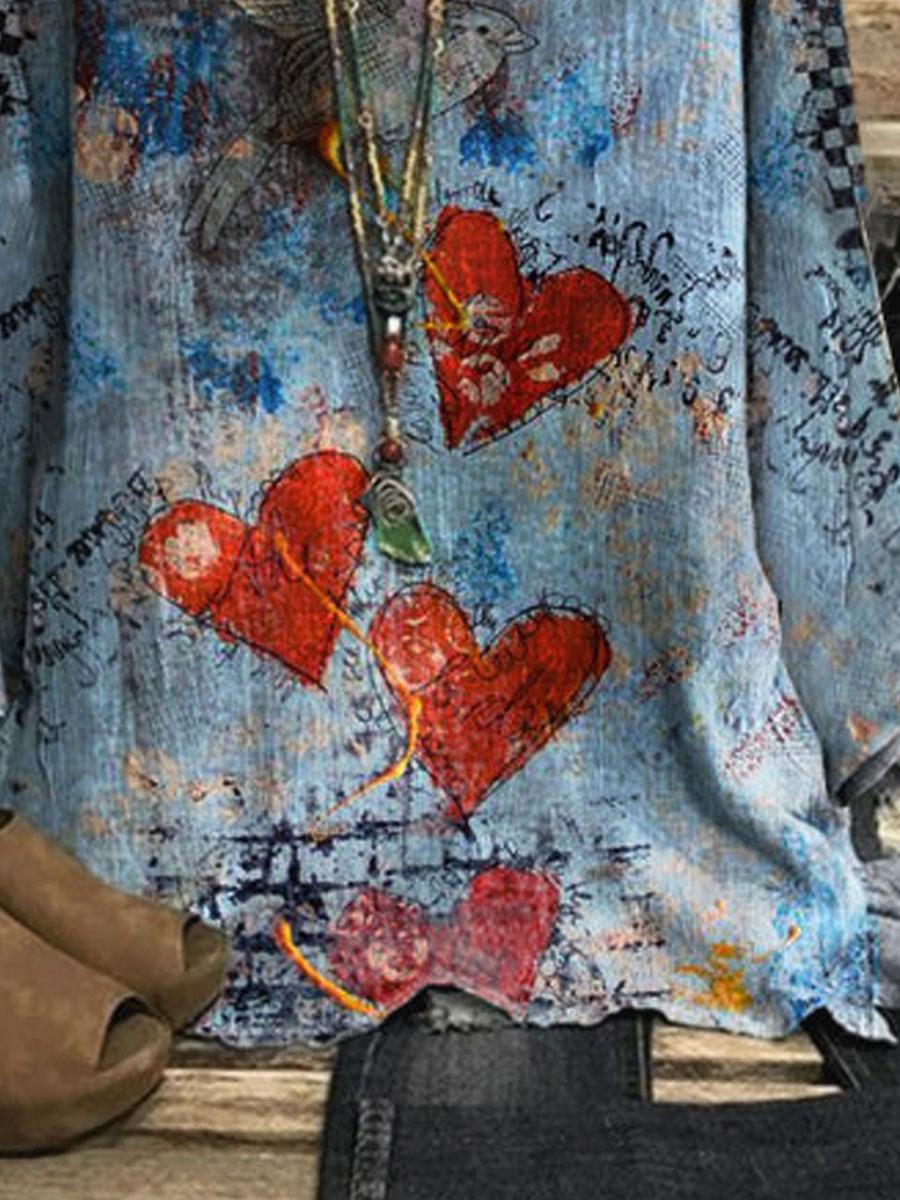 Round Neck Love Print Loose Casual Long Sleeve Blouse