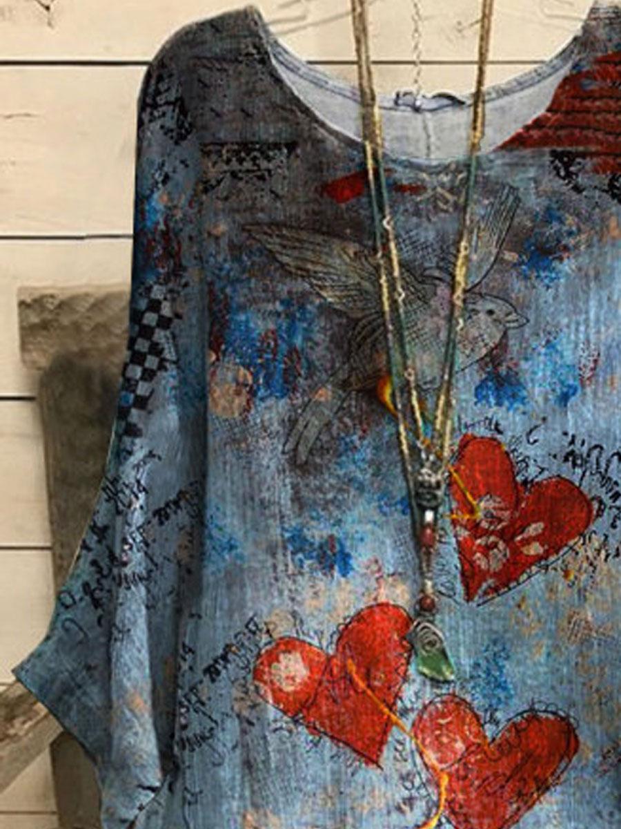 Round Neck Love Print Loose Casual Long Sleeve Blouse