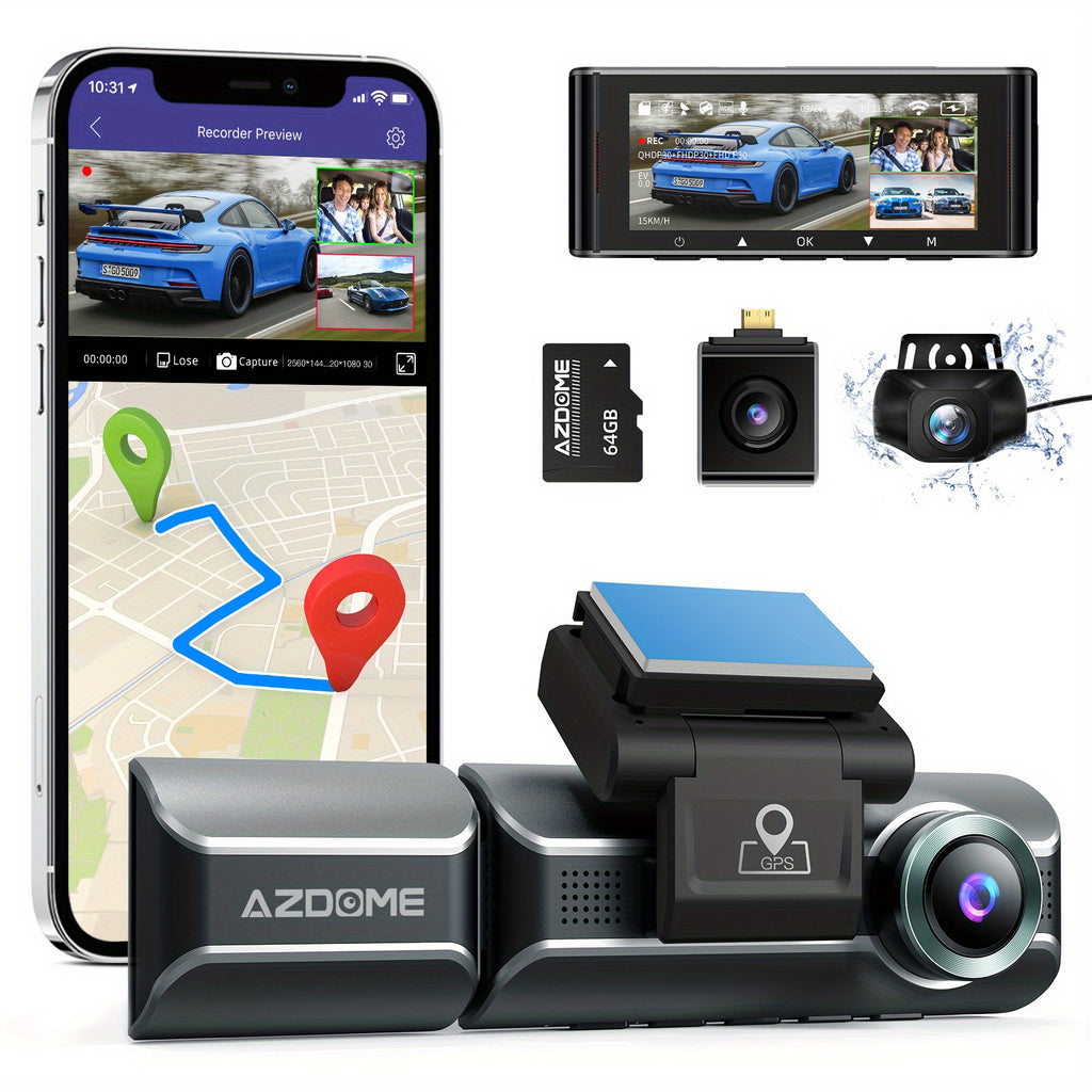 AZDOME M550 Dash Cam 3 Channel, 4K+1080P Dual , In WiFi GPS, With 64GB SD Card, ParMonitoring, Loop Recording,G-sensor Ultra HD Car Cam