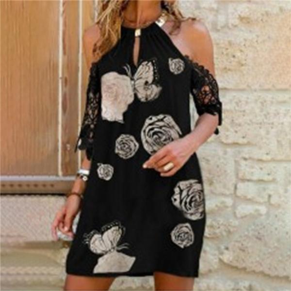 Round neck strapless printed suspender slim A-line skirt