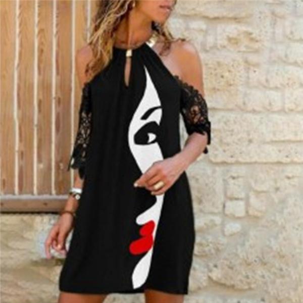 Round neck strapless printed suspender slim A-line skirt