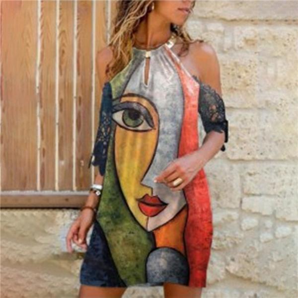 Round neck strapless printed suspender slim A-line skirt