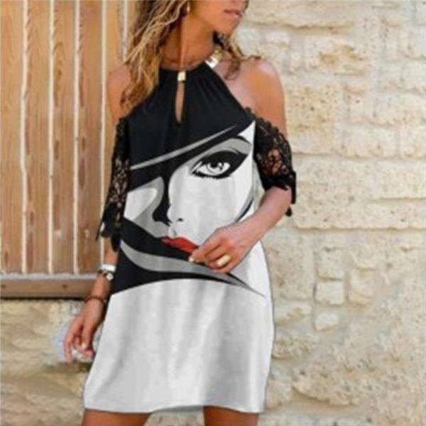 Round neck strapless printed suspender slim A-line skirt