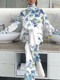 Women's Elegant Watercolor Floral Print Drop Shoulder Suit