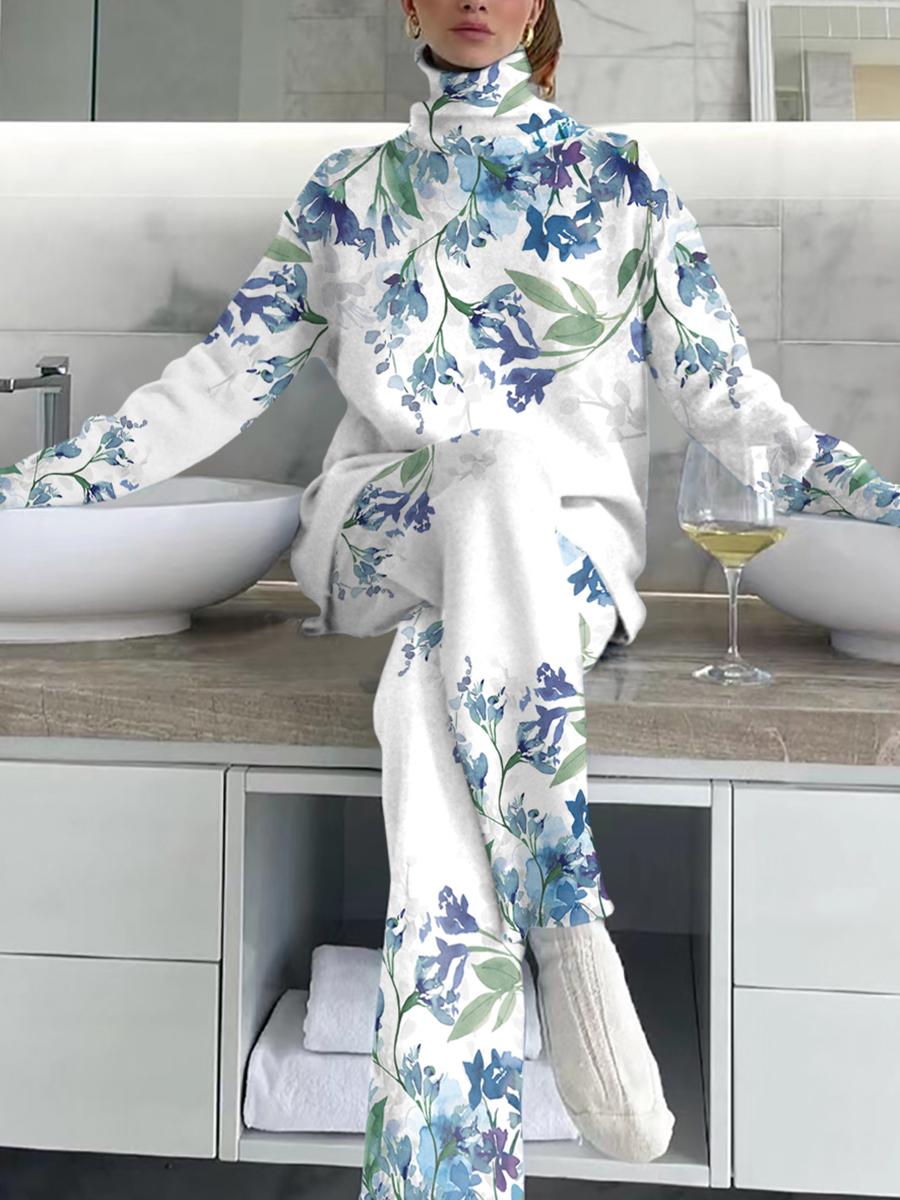 Women's Elegant Watercolor Floral Print Drop Shoulder Suit
