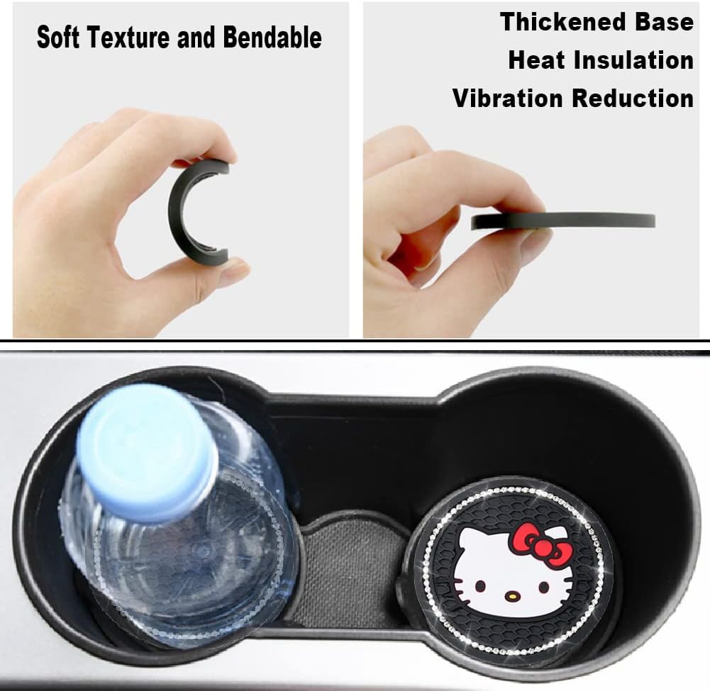 2PCS Car Cup Holders Coasters Hello Kitty,Black Silicone Anti-Slip Car Drink Coasters for Women Girls, Car Cup Pads, 2.75 Inch