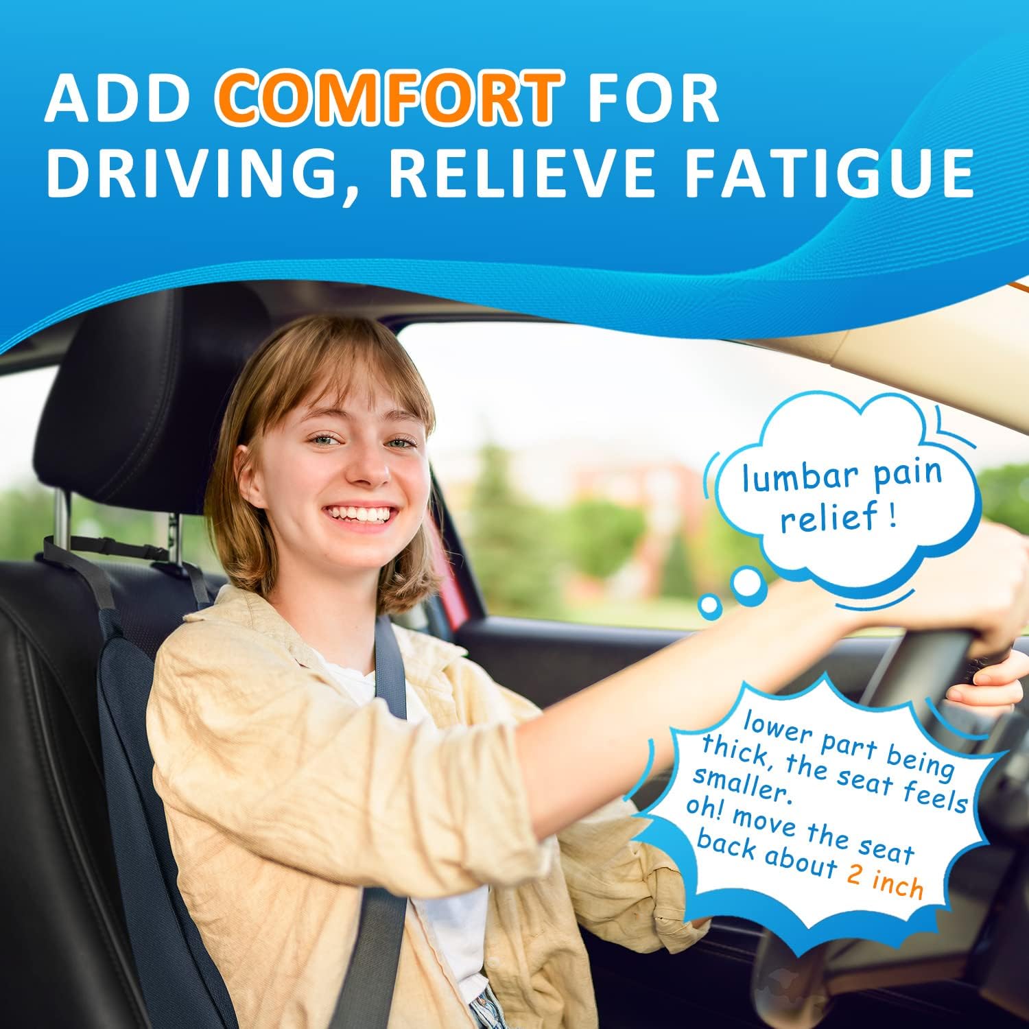 Lumbar Support Pillow- Memory Foam Car Back Support for Driving Fatigue/Back Pain Relief - Dual Straps Better Fix The Back Support - Dark Gray